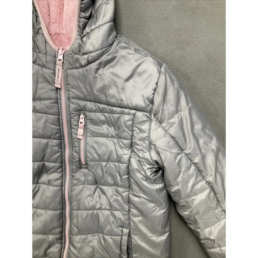 Eddie Bower Puffer Jacket Girls L 14/16 Grey Pink Zip Hooded Warm